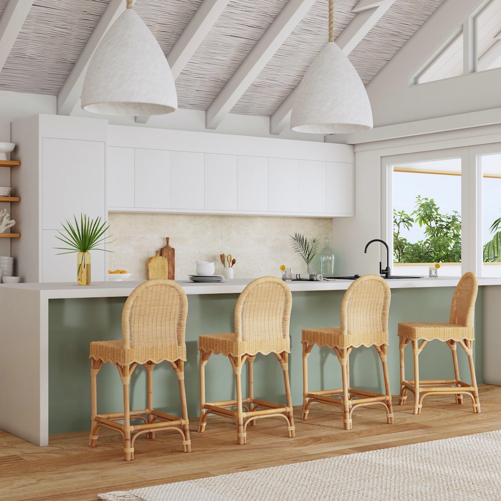 Flora Rattan 24" Scalloped Edge Counter Stool, Light Brown. Picture 7