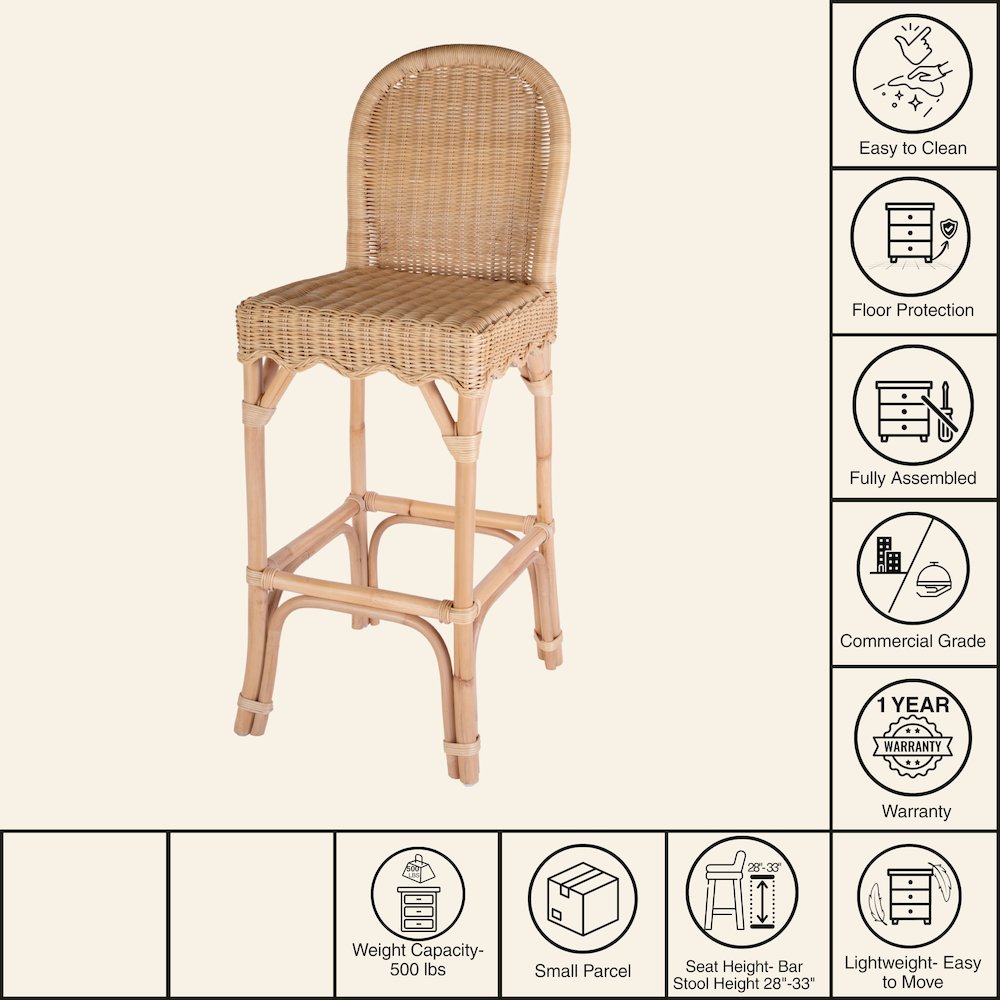 Flora Rattan 30" Scalloped Edge Bar Stool, Light Brown. Picture 8