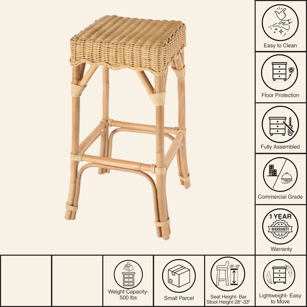 Flora Rattan Scalloped  Bar Stool, Light Brown. Picture 7