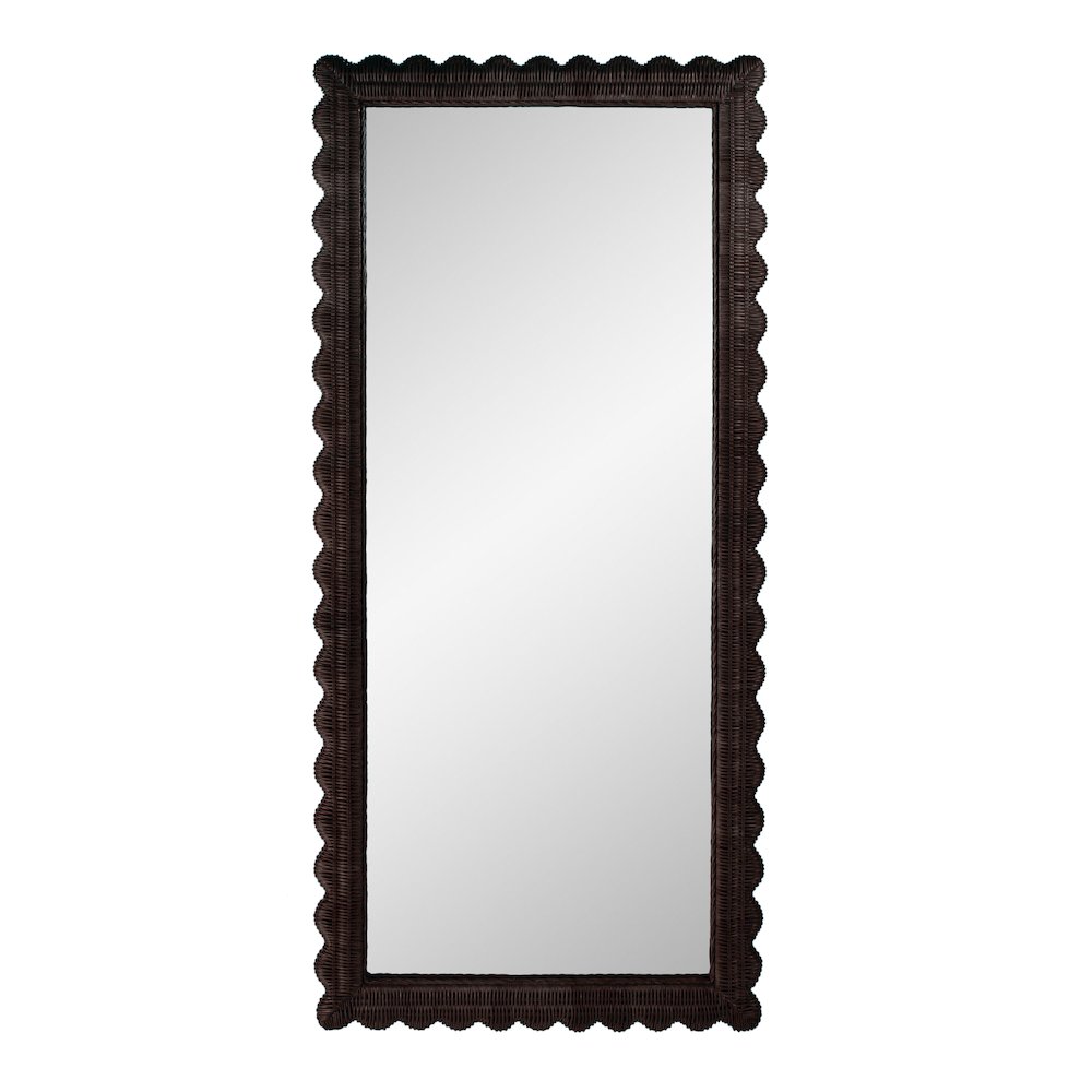 Flora 32 in. W x 69.5 in. H Rectangular Scalloped  Rattan Floor Mirror, Brown. Picture 1