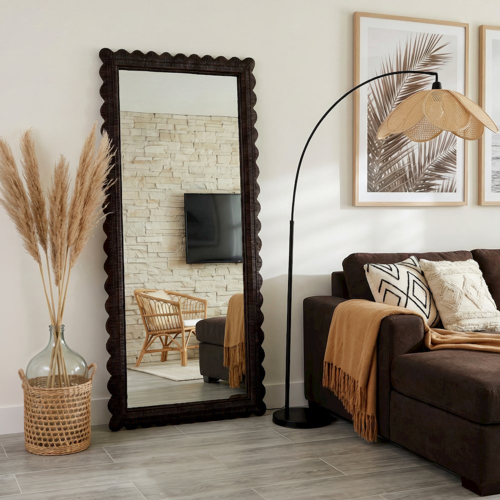 Flora 32 in. W x 69.5 in. H Rectangular Scalloped  Rattan Floor Mirror, Brown. Picture 2