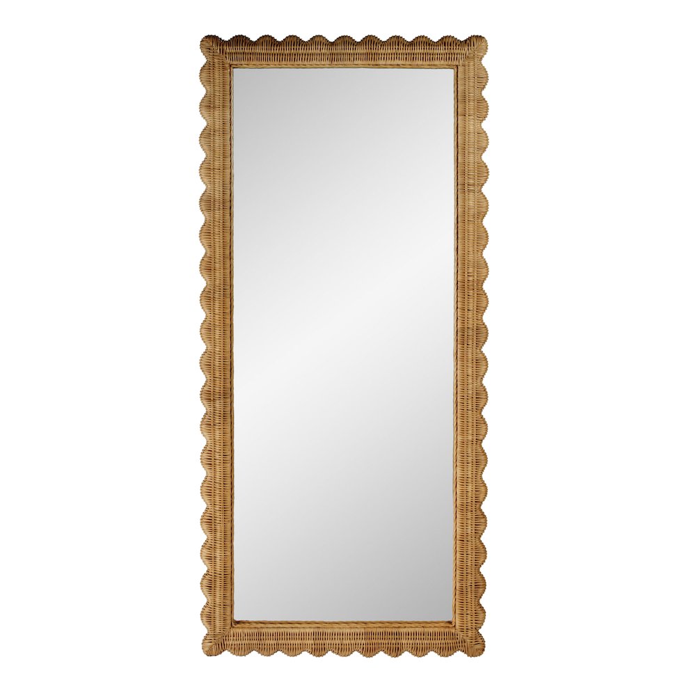 Flora 32 in. W x 69.5 in. H Rectangular Scalloped  Rattan Floor Mirror, Brown. Picture 1