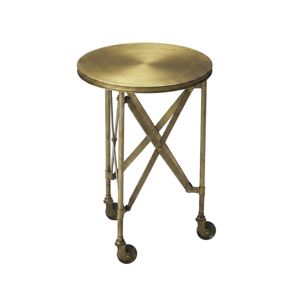 Round Industrial Side Table, Distressed Accent Table, Olive Ash. Picture 5