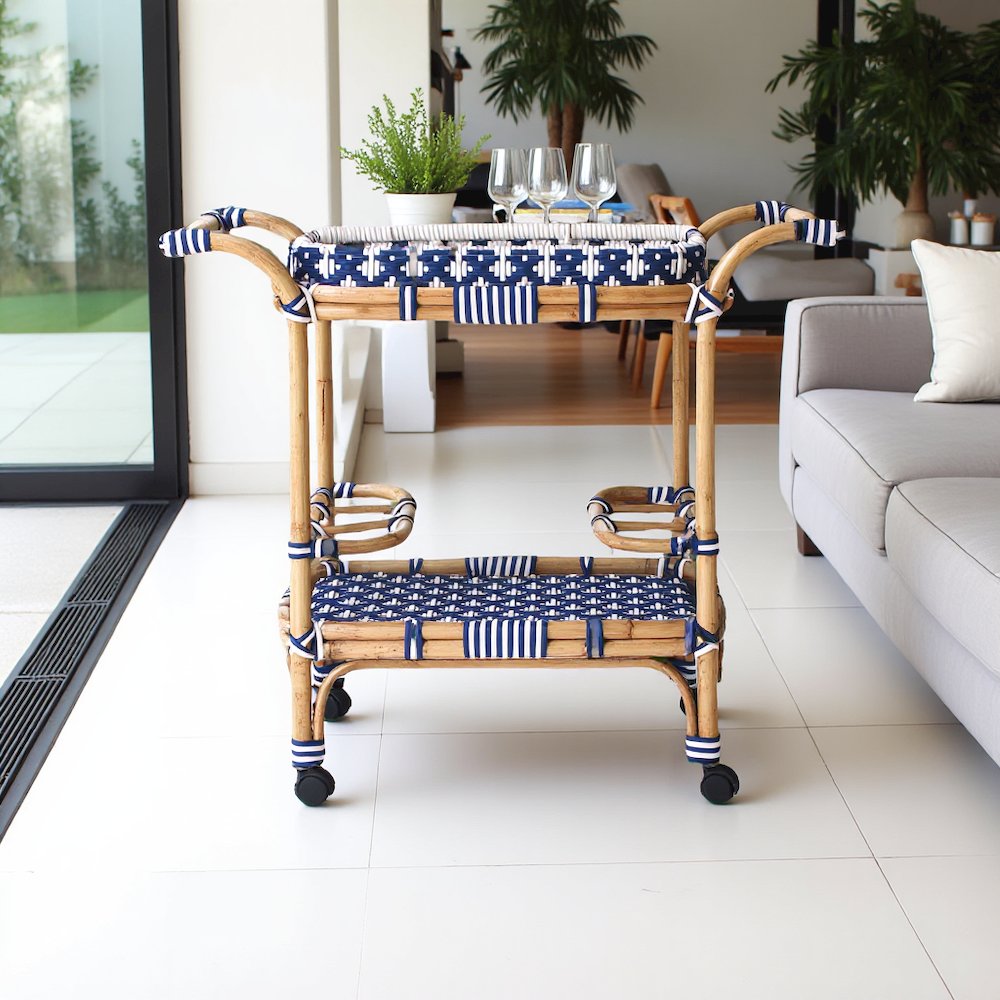 Blue Bar Cart - Small Home Bar & Serving Cart with Stylish Design. Picture 3
