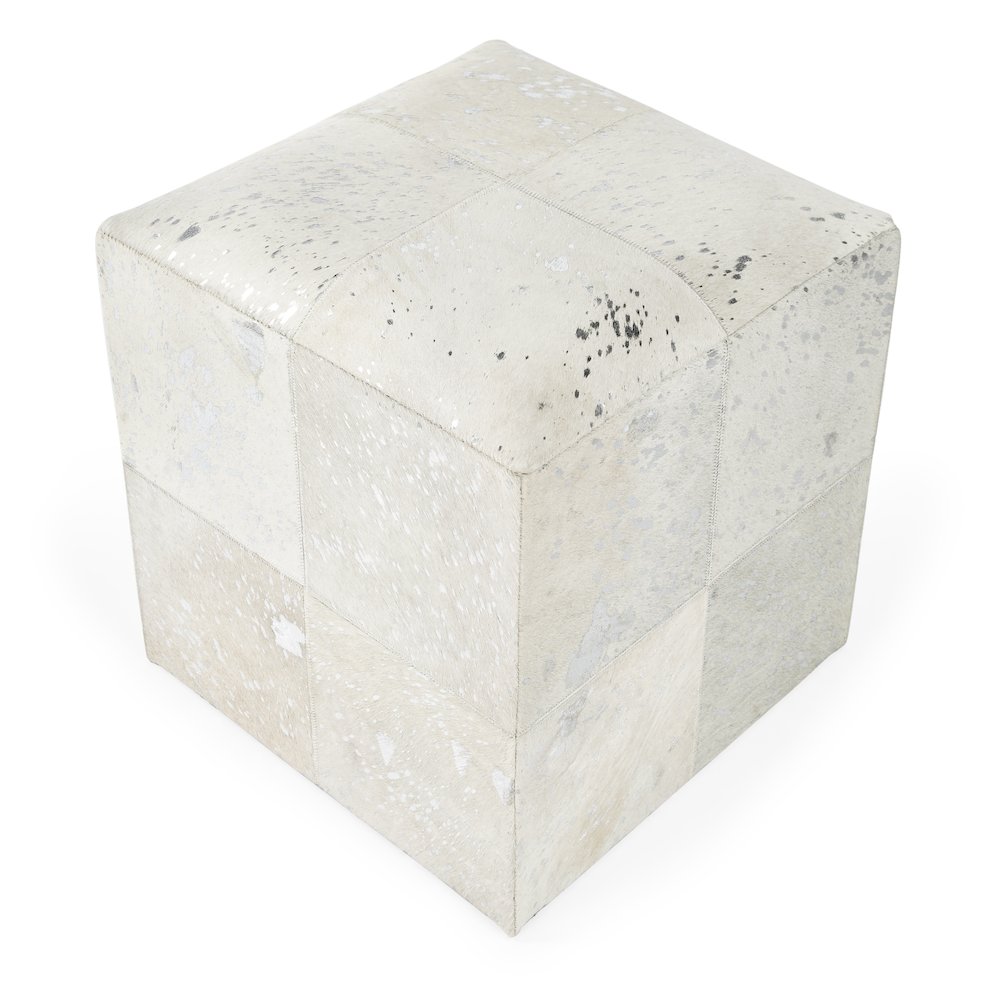 Victorian Hair on Hide with Silver Spots Cube Ottoman, White. Picture 7