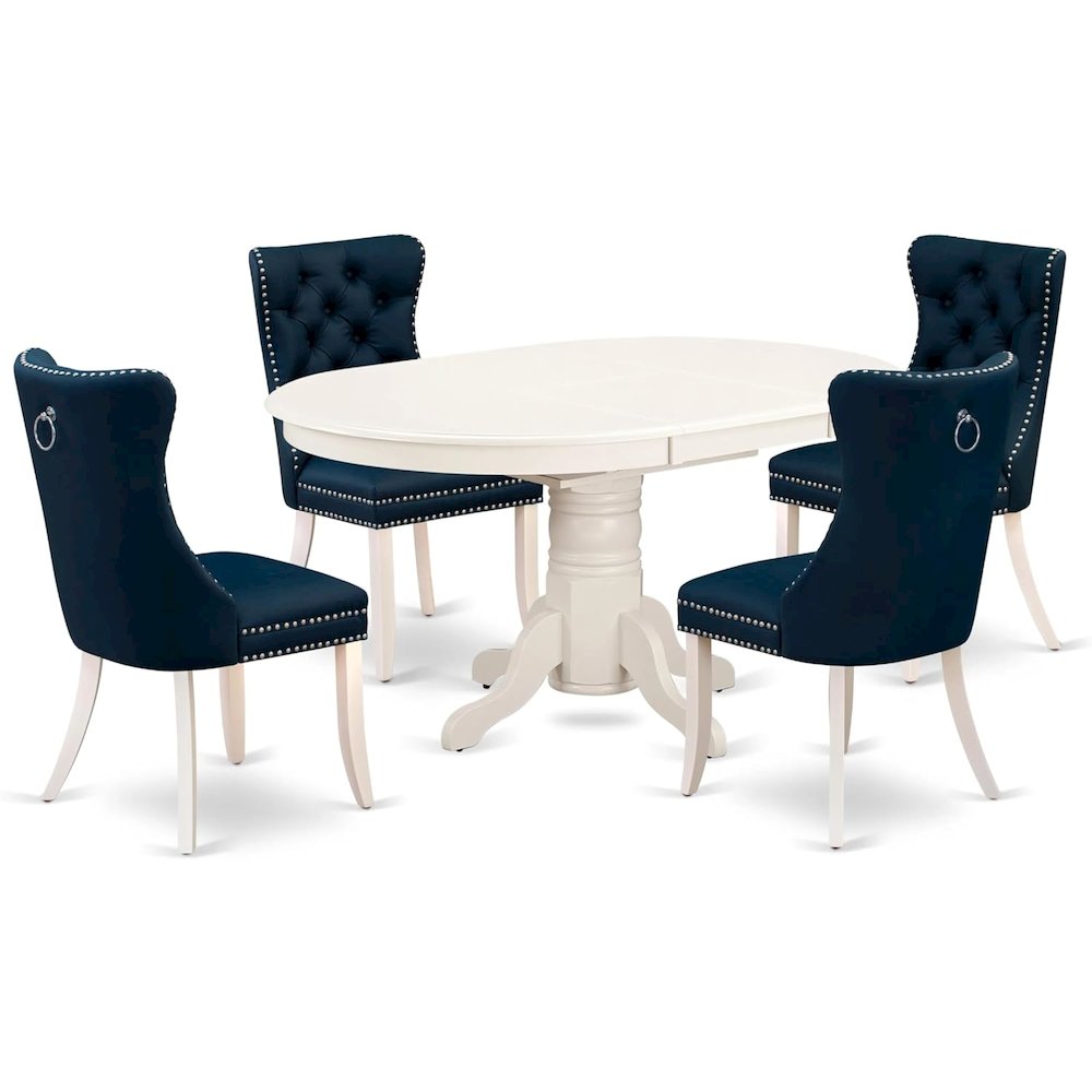 East West Furniture AVDA5-LWH-29 5 Piece Dining Set Includes an Oval Wooden Table with Butterfly Leaf and 4 Upholstered Chairs, 60x42 Inch, Linen White. Picture 1
