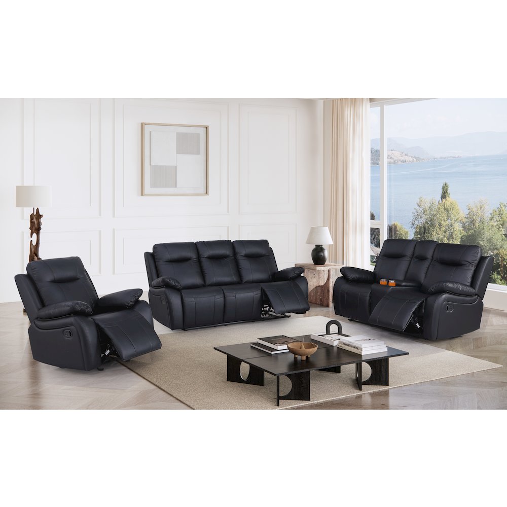Maverick Manual Leather Recliner Reclining Sofa Set Black. Picture 2