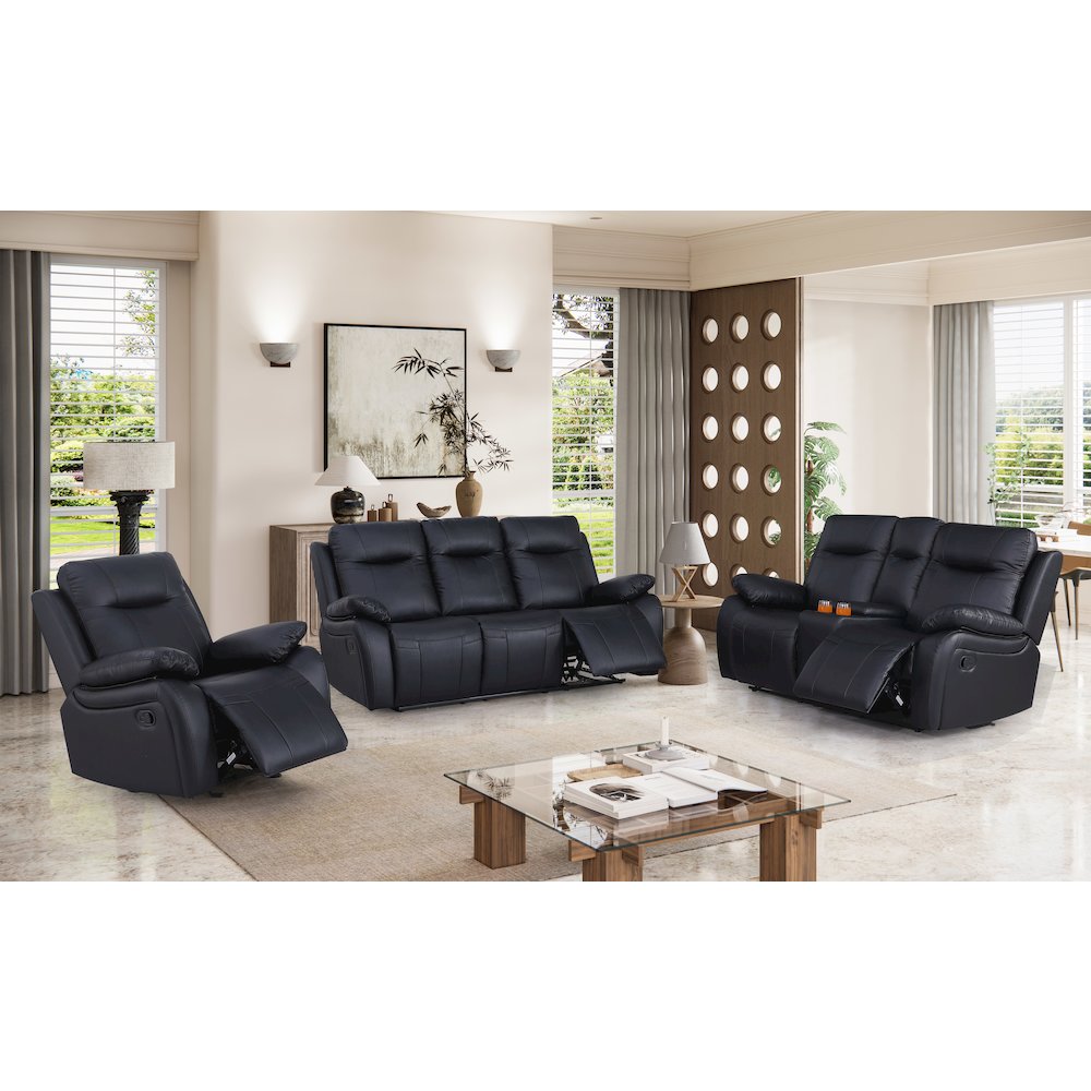 Maverick Manual Leather Recliner Reclining Sofa Set Black. Picture 3