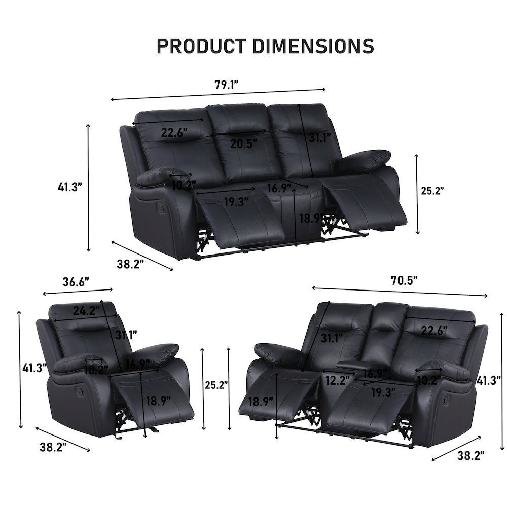 Maverick Manual Leather Recliner Reclining Sofa Set Black. Picture 7