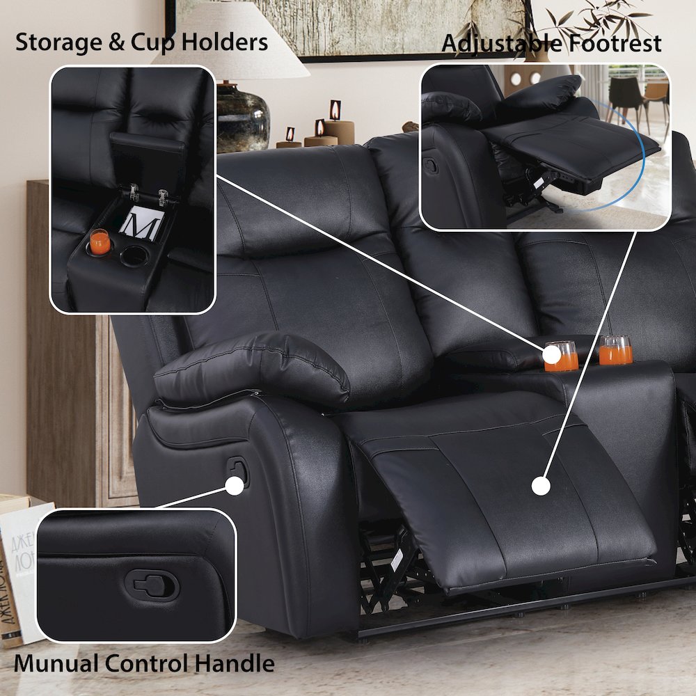 Maverick Manual Leather Recliner Reclining Sofa Set Black. Picture 8