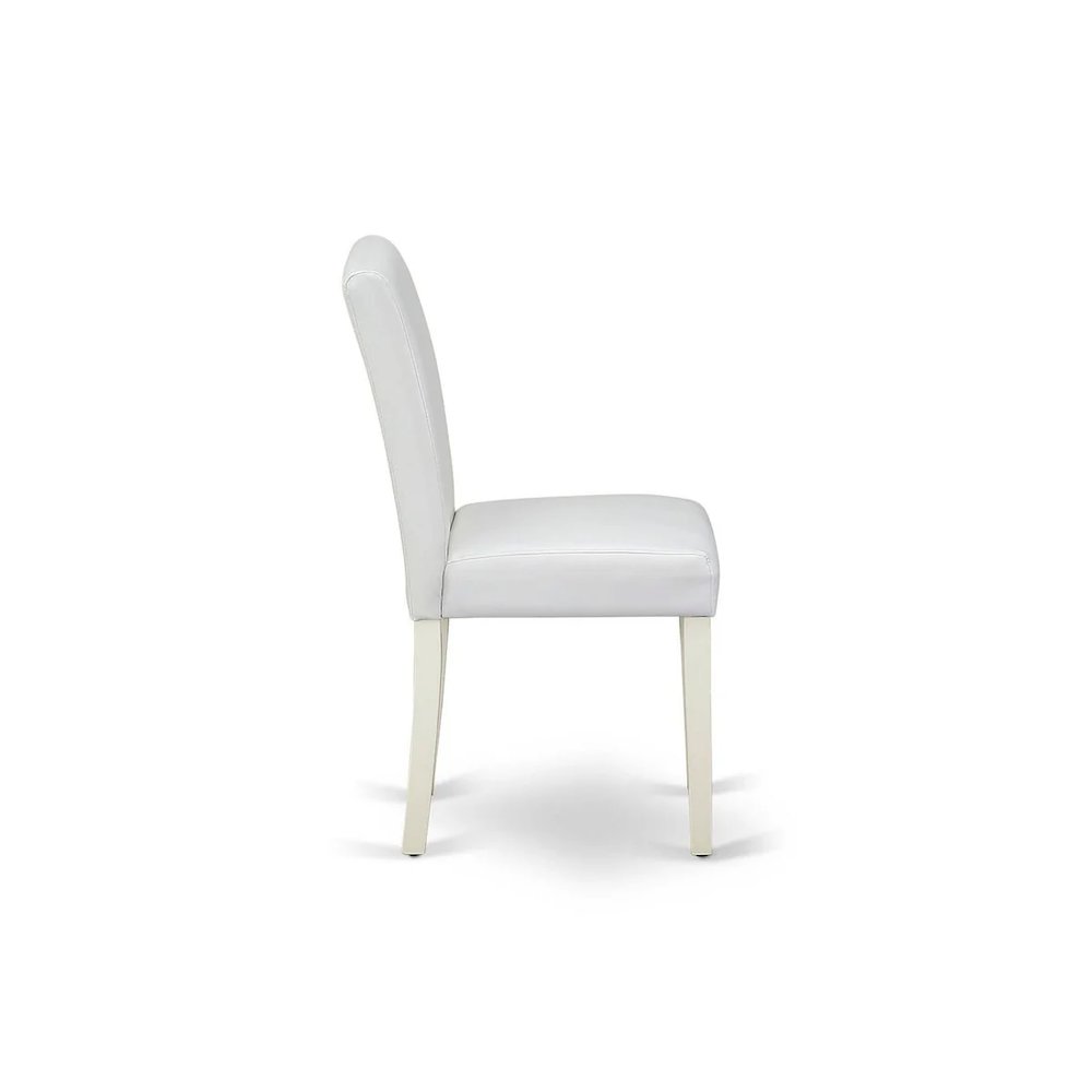5 Piece Dining Room Table Set Includes a Round Kitchen Table with Pedestal and 4 White Faux Leather Upholstered Parson Chairs, Linen White. Picture 8