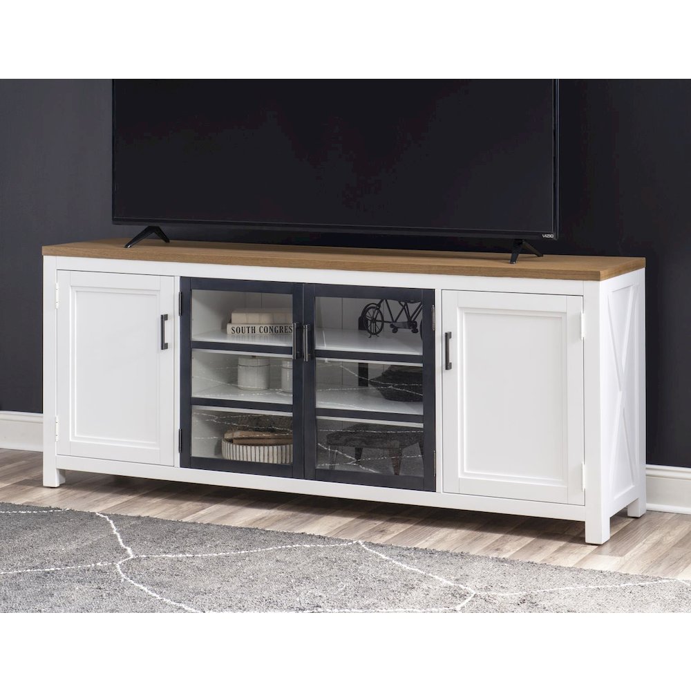 Entertainment Console, Harvest Oak Tops, Natural White Base, Aged Black Accents. Picture 4