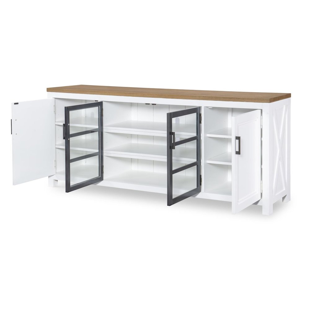 Entertainment Console, Harvest Oak Tops, Natural White Base, Aged Black Accents. Picture 2