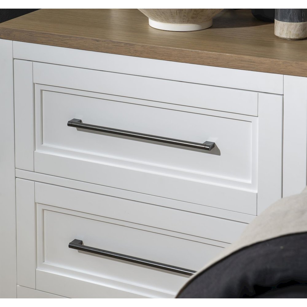 Entertainment Console, Harvest Oak Tops, Natural White Base, Aged Black Accents. Picture 6