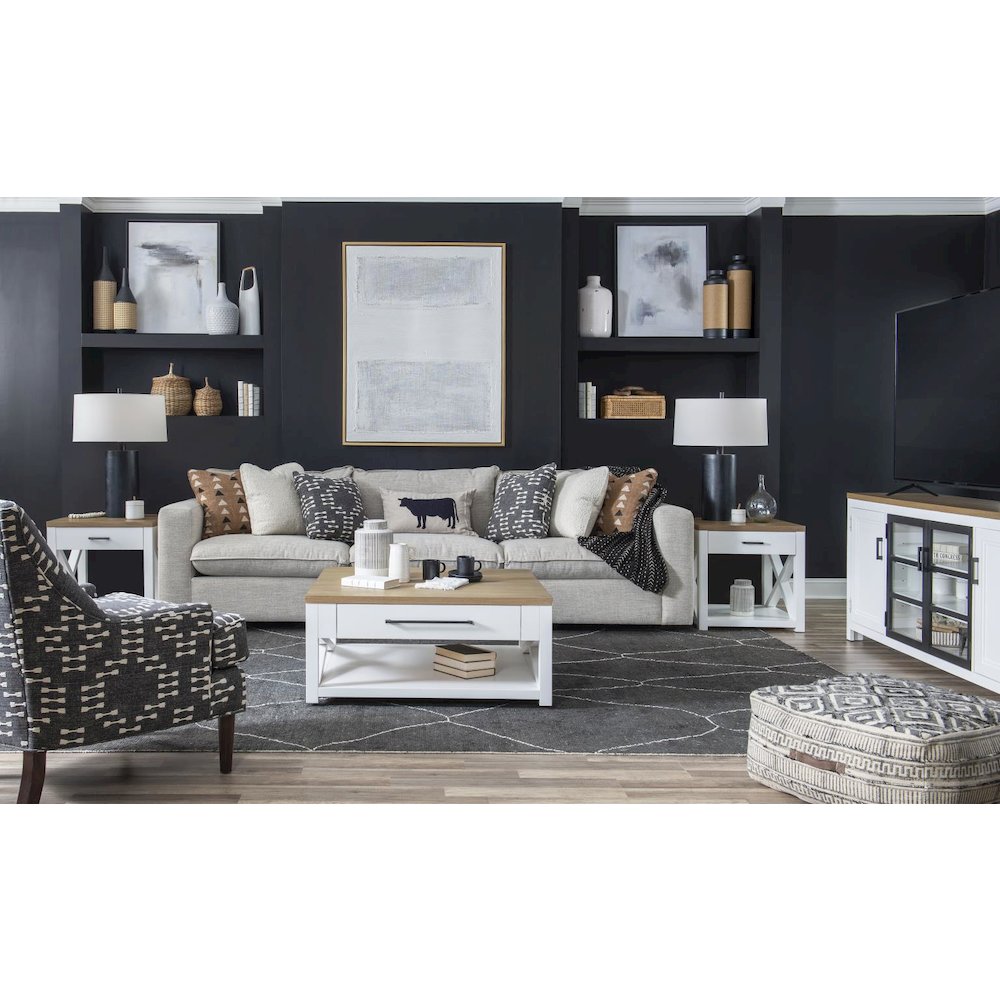 Entertainment Console, Harvest Oak Tops, Natural White Base, Aged Black Accents. Picture 5