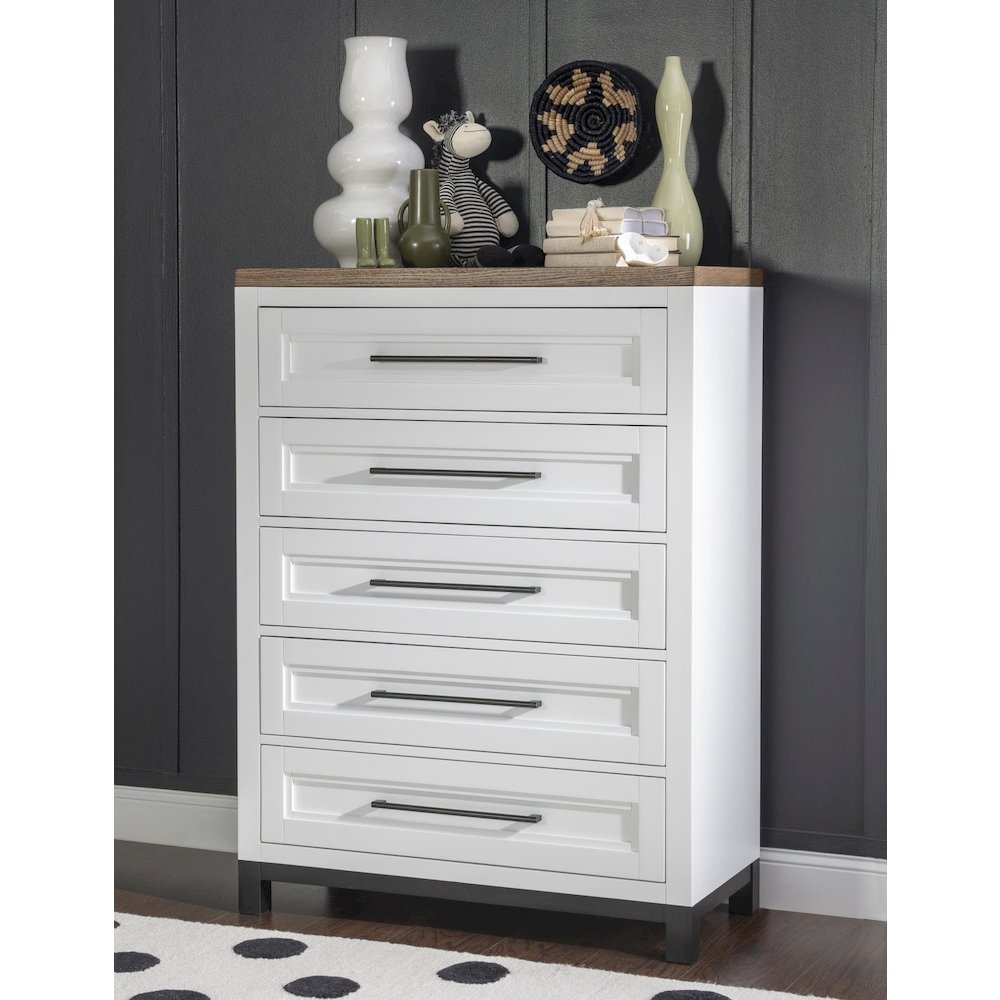 Dutton 5-Drawer Chest,Natural White with Toasted Coconut Top and Aged Black Base. Picture 2