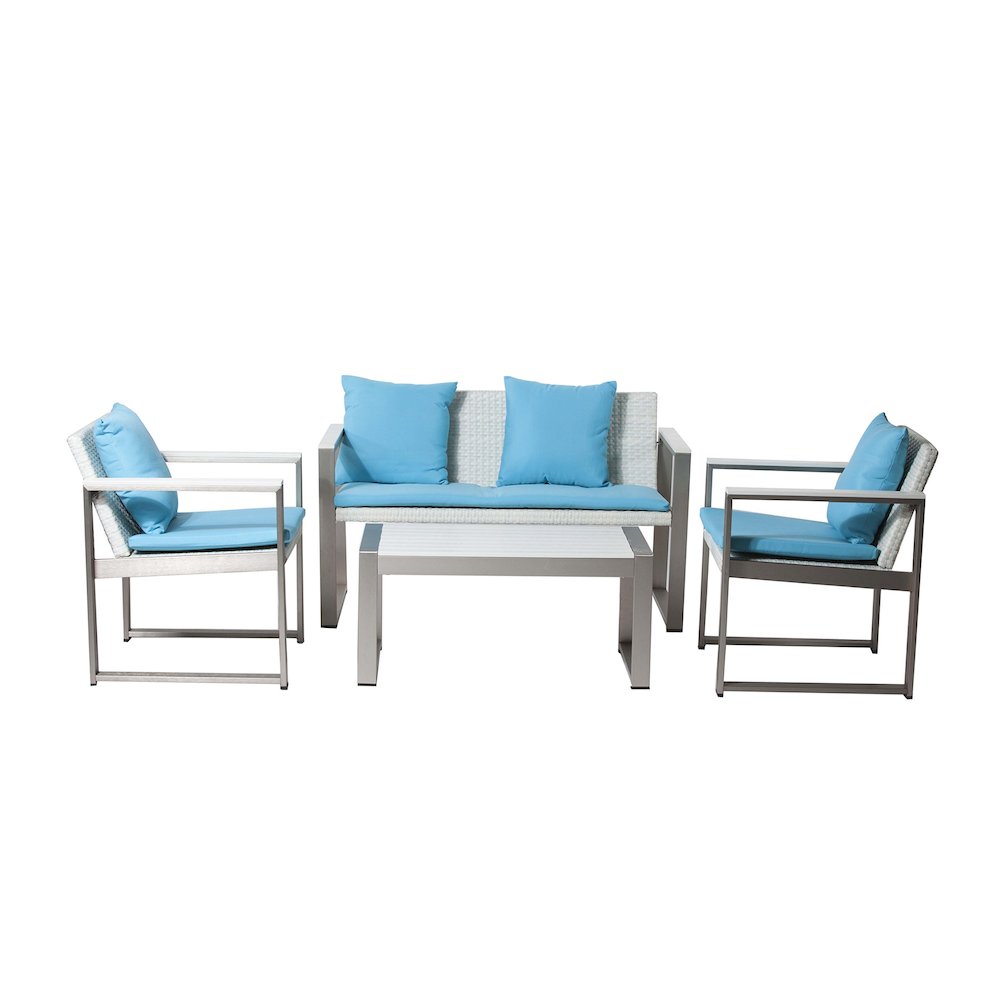 Chester 4 Piece Sofa, Brushed Turquoise In Aluminum, Rattan. Picture 1