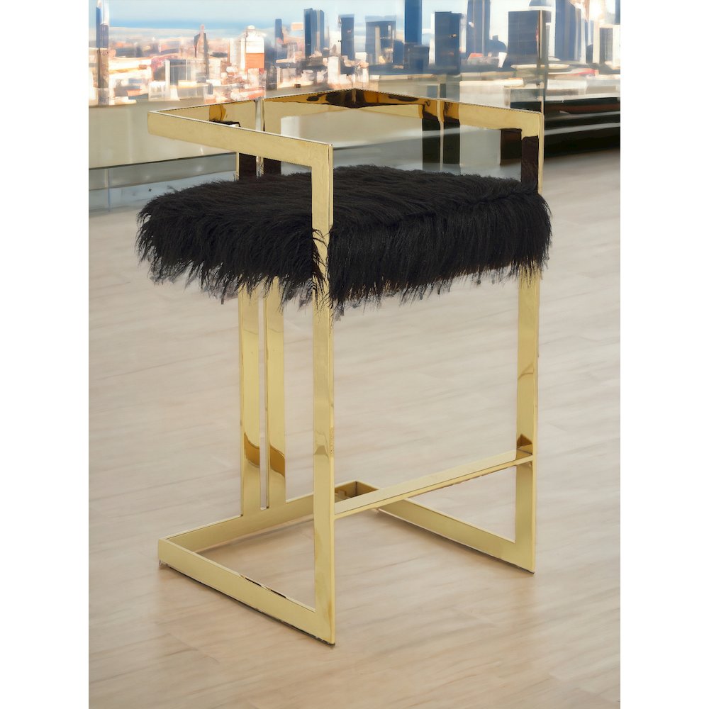 Kenzie Bar Stool Gold/Black Faux Fur. Picture 6