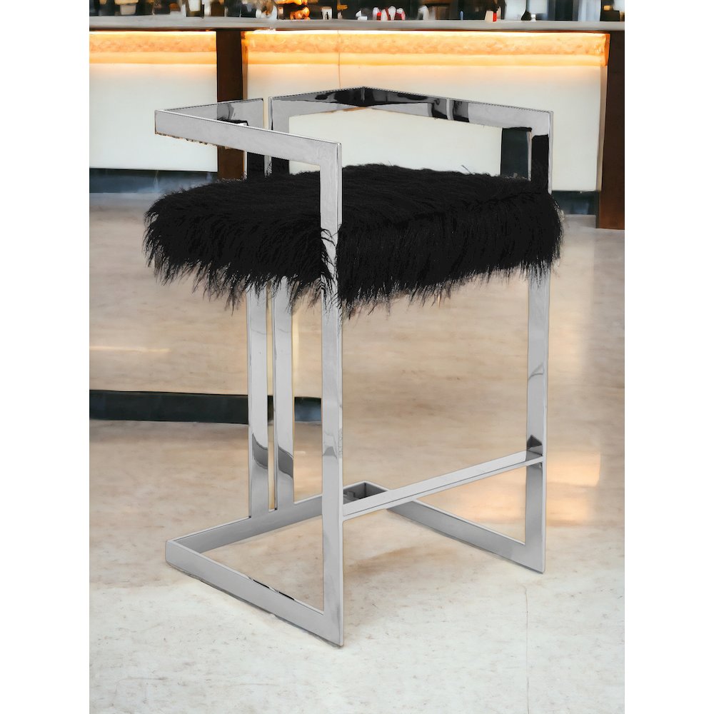 Kenzie Bar Stool Silver/Black Faux Fur. Picture 3