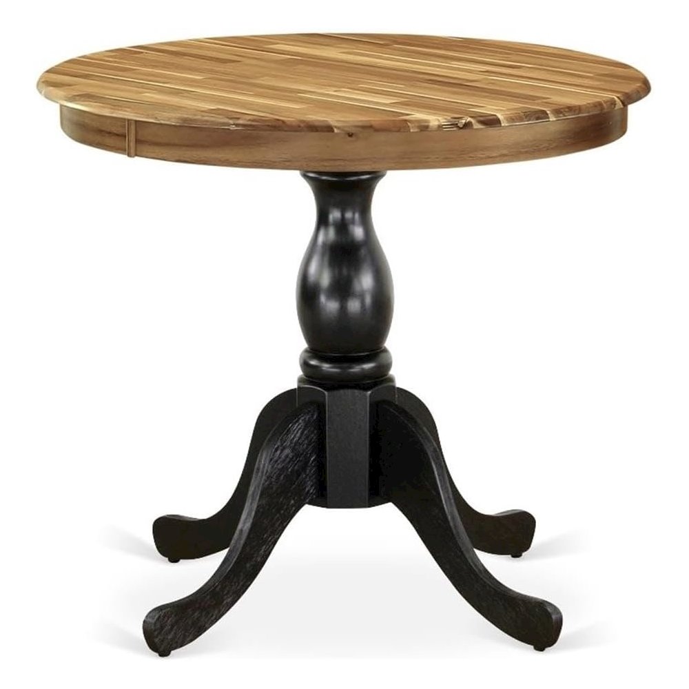 East West Furniture Round Dining Table - Natural Table Top and Black Pedestal Leg Finish. Picture 1