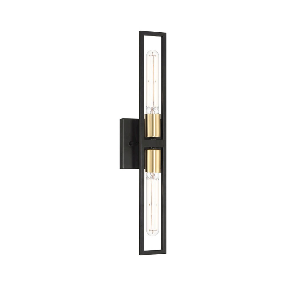 2 Light LED Wall Scocne in Black with Antique Brushed Brass Color. Picture 1
