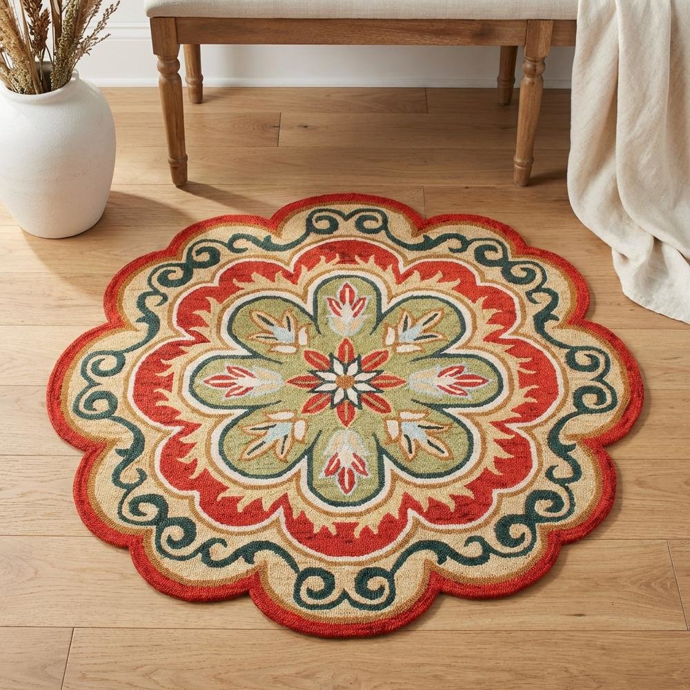Bohemian Indoor Area Rug In Orange/Gold, Round Shape With Soft Material. Picture 3