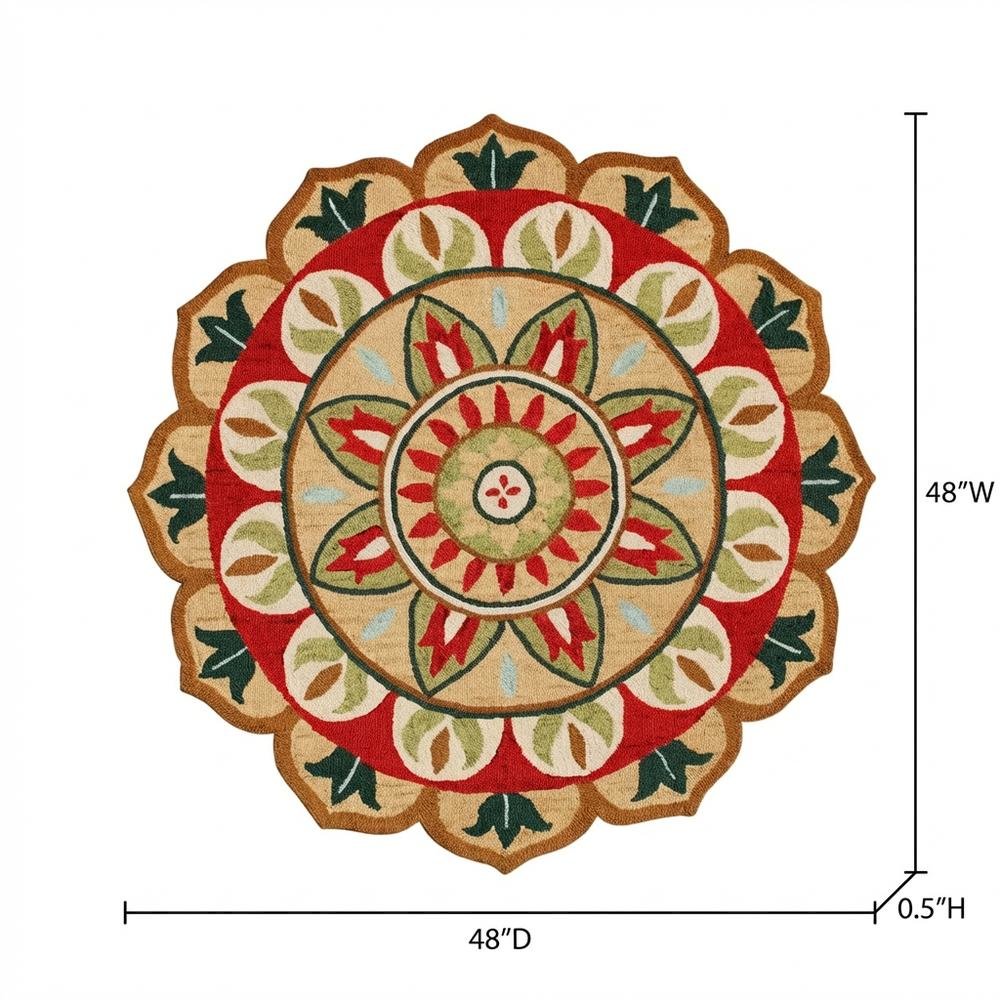 Bohemian Indoor Area Rug In Red And Green, Round Style, 4 Feet. Picture 7