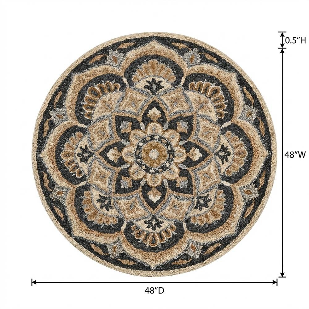 Round Indoor Area Rug With Black And Ivory Design, Classic Style For Living Room. Picture 7