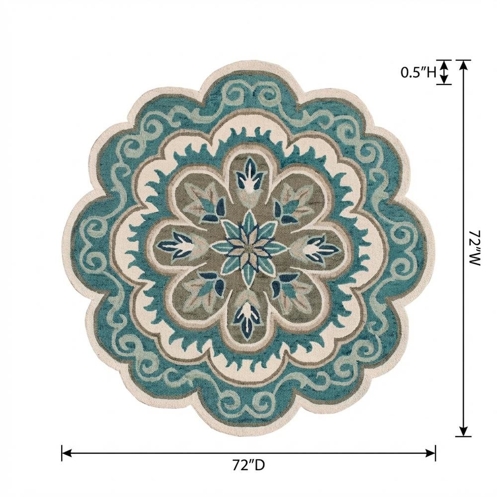 Blue Round Indoor Area Rug With Bohemian Style And Spot Clean Durability. Picture 7
