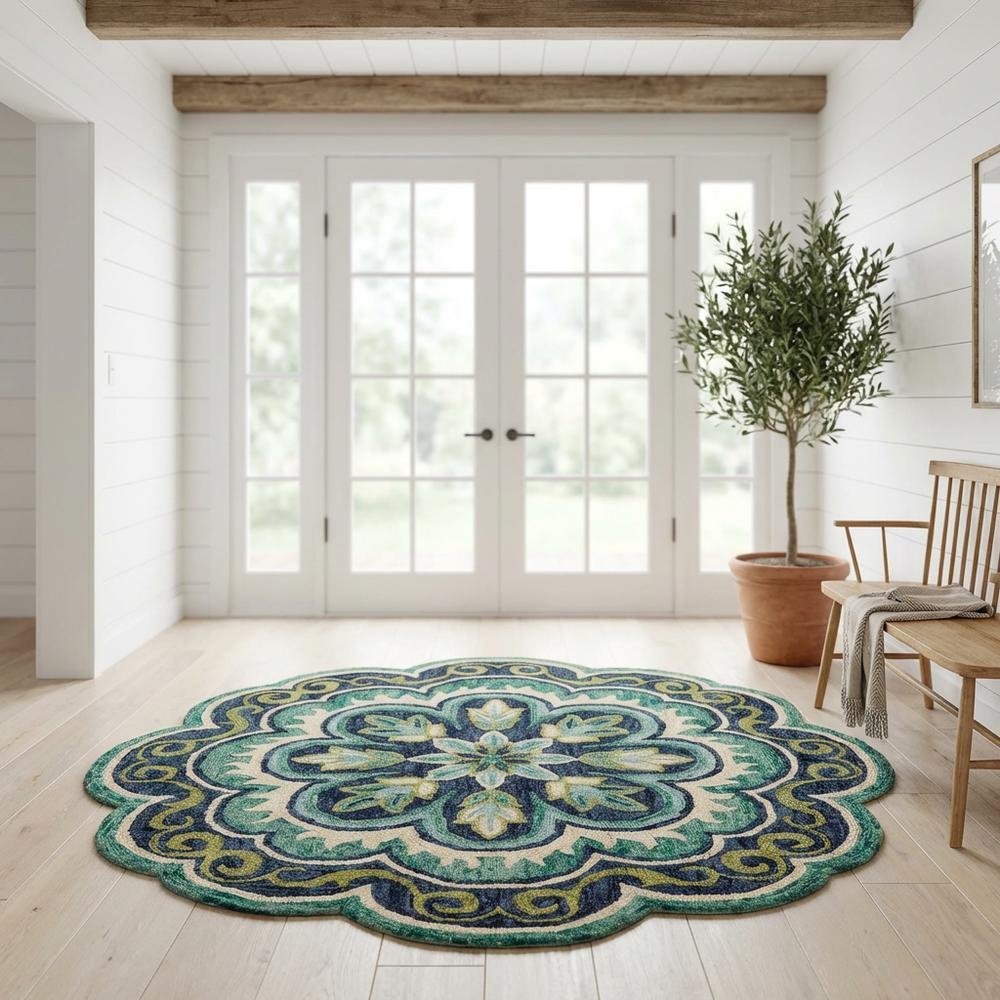 Bohemian Indoor Area Rug In Green And Blue, Round Design, Soft High-Pile. Picture 2