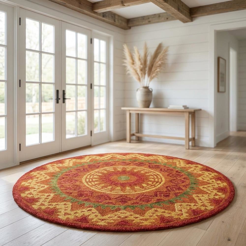 Orange/Red Round Indoor Area Rug With Transitional Style, 4-Foot Diameter. Picture 2