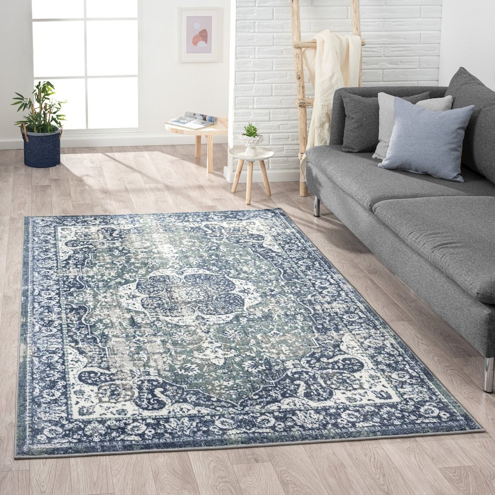 Antalya Durable Performance Area Rug Indoor in Blue/Ivory, 5' x 7'. Picture 2