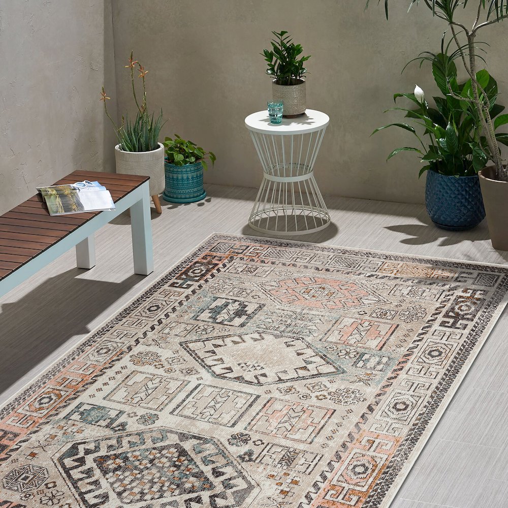Antiquity Durable Performance Area Rug Outdoor in Cream/Pink, 7'9" x 9'9". Picture 2