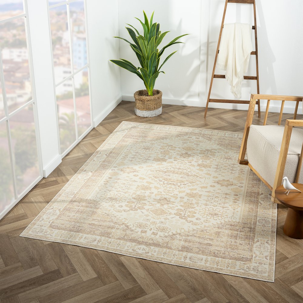 Aria Durable Performance Area Rug Indoor in Beige, 5'3" x 7'. Picture 2