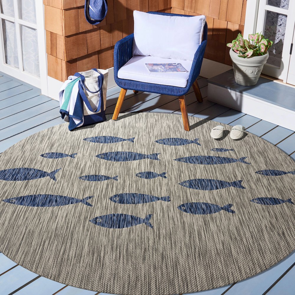 Catalina Durable Performance Area Rug Outdoor in Blue/Gray, 7'6" Round. Picture 2