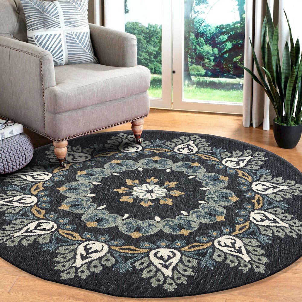 Dazzle Wool Area Rug Indoor in Black/Multicolored, 6' Round. Picture 8