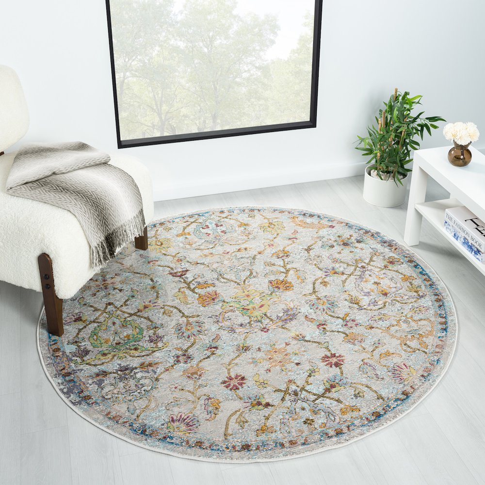 Gala Durable Performance Area Rug Indoor in Gray/Multicolored, 7'6" Round. Picture 7