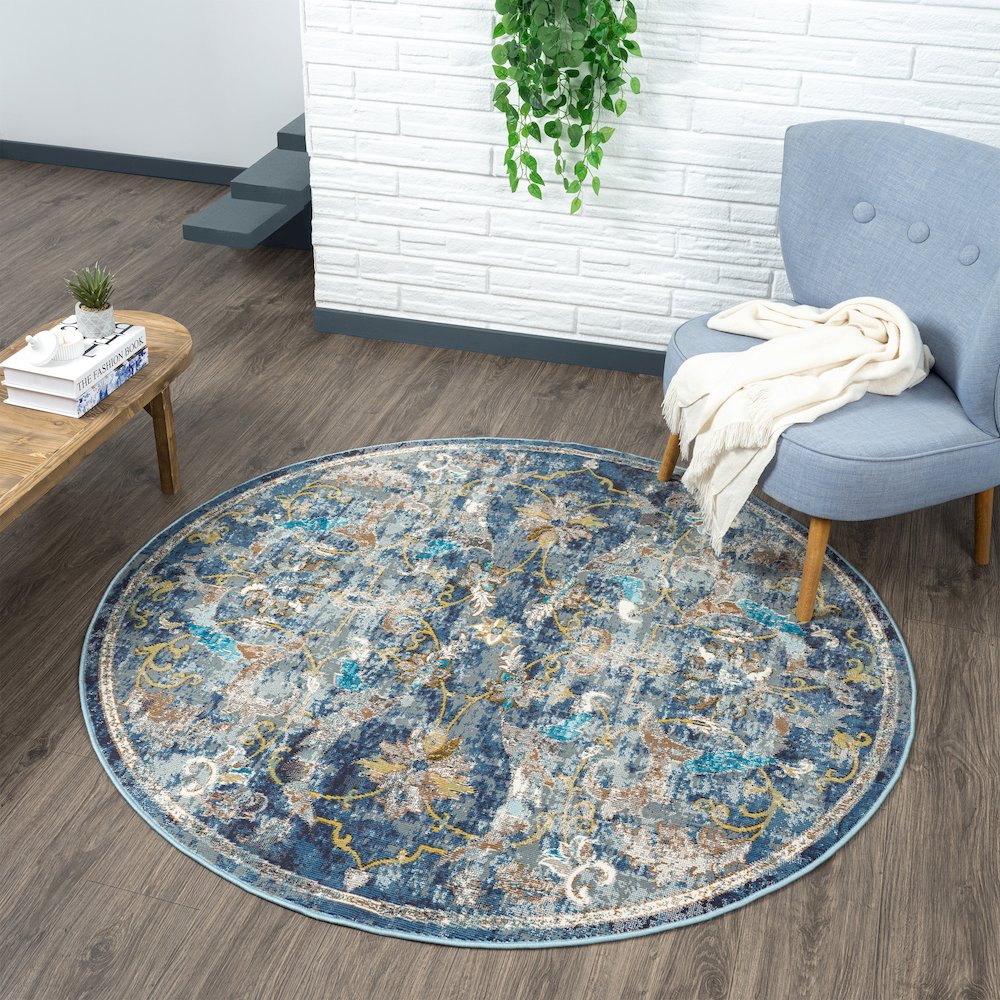 Gala Durable Performance Area Rug Indoor in Blue/Multicolored, 7'6" Round. Picture 2