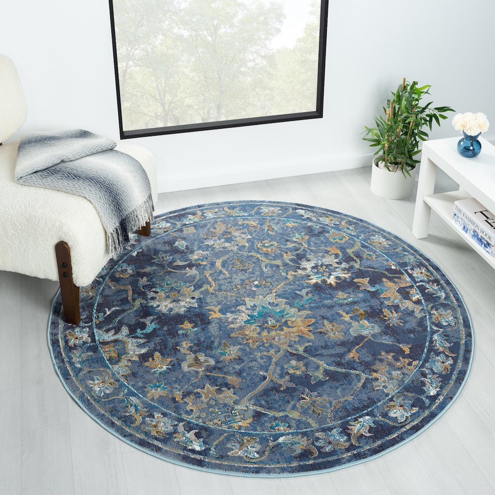 Gala Durable Performance Area Rug Indoor in Blue/Multicolored, 7'6" Round. Picture 7