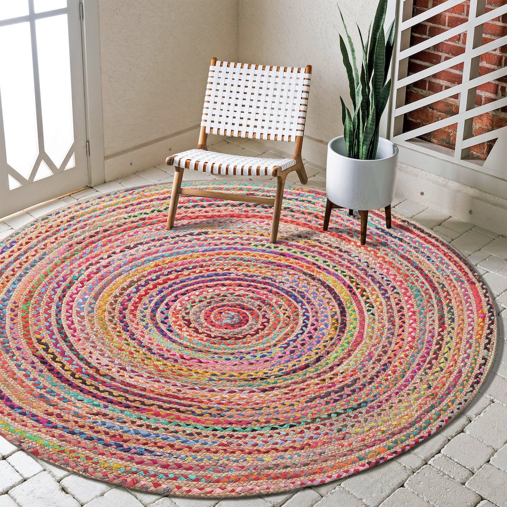 Havana Cotton Blend Area Rug Indoor in Tan/Multicolored, 7' Round. Picture 2
