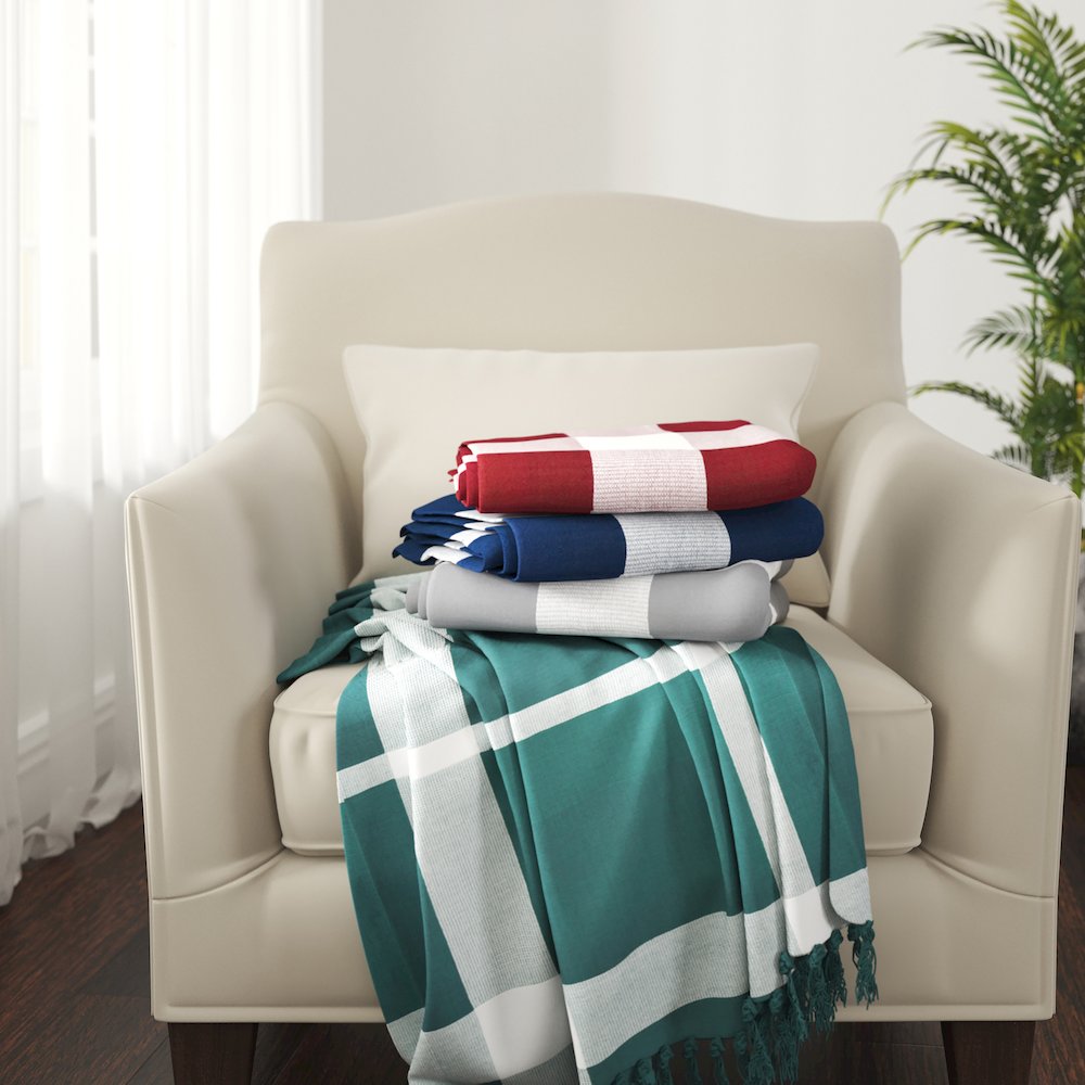 Red/White Tartan/Plaid Hand-Woven All-Natural Cotton Throw Blanket. Picture 7
