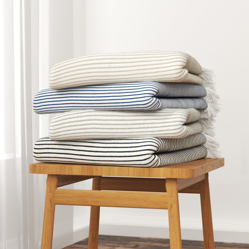 Tan/White Striped All-Natural Cotton Throw Blanket. Picture 6