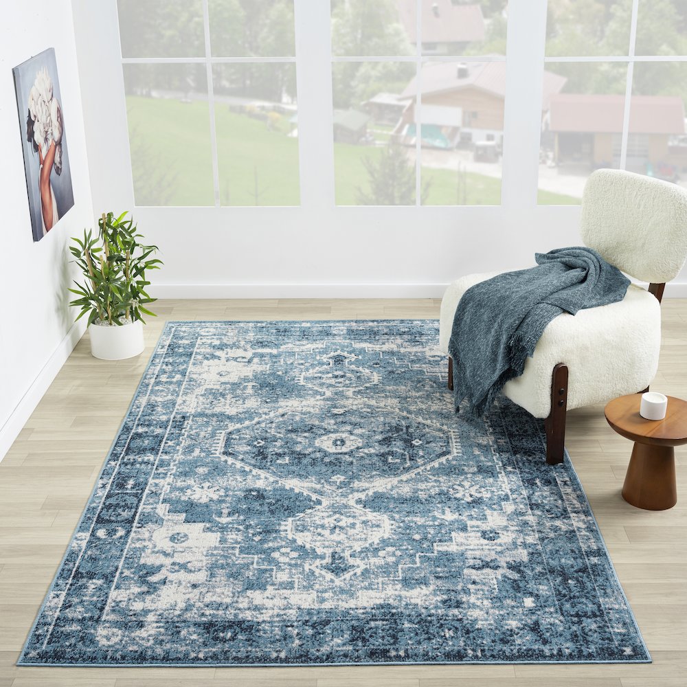 Lanham Durable Performance Area Rug Indoor in Blue/Ivory, 5' x 7'. Picture 2