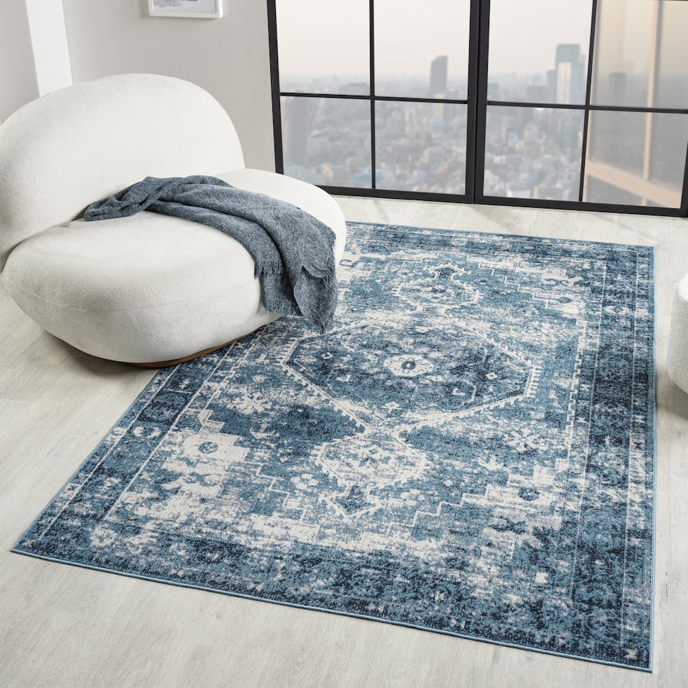 Lanham Durable Performance Area Rug Indoor in Blue/Ivory, 5' x 7'. Picture 8