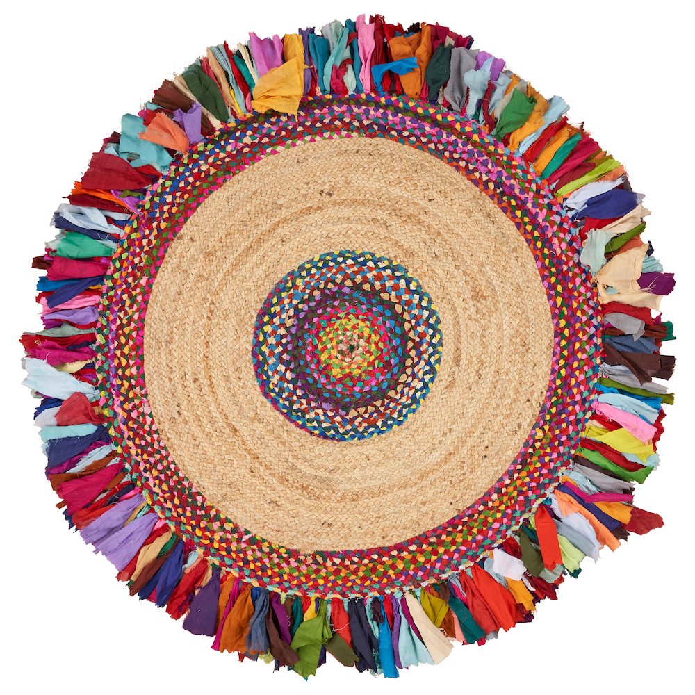 Boutique Jute Cotton Blend Area Rug Indoor in Tan/Multicolored, 5'6" Round. Picture 1