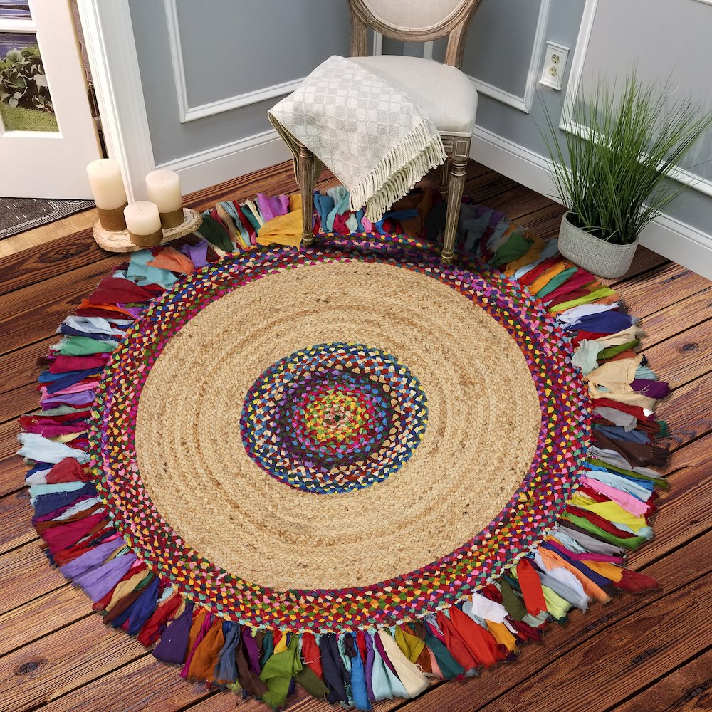 Boutique Jute Cotton Blend Area Rug Indoor in Tan/Multicolored, 5'6" Round. Picture 6