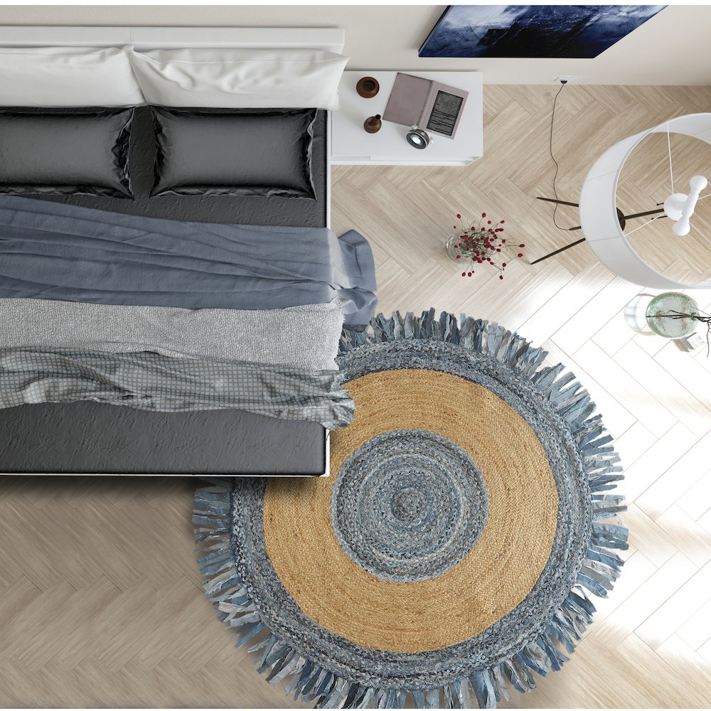 Boutique Jute Cotton Blend Area Rug Indoor in Blue/Tan, 5'6" Round. Picture 7