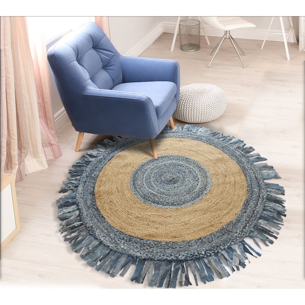 Boutique Jute Cotton Blend Area Rug Indoor in Blue/Tan, 5'6" Round. Picture 8