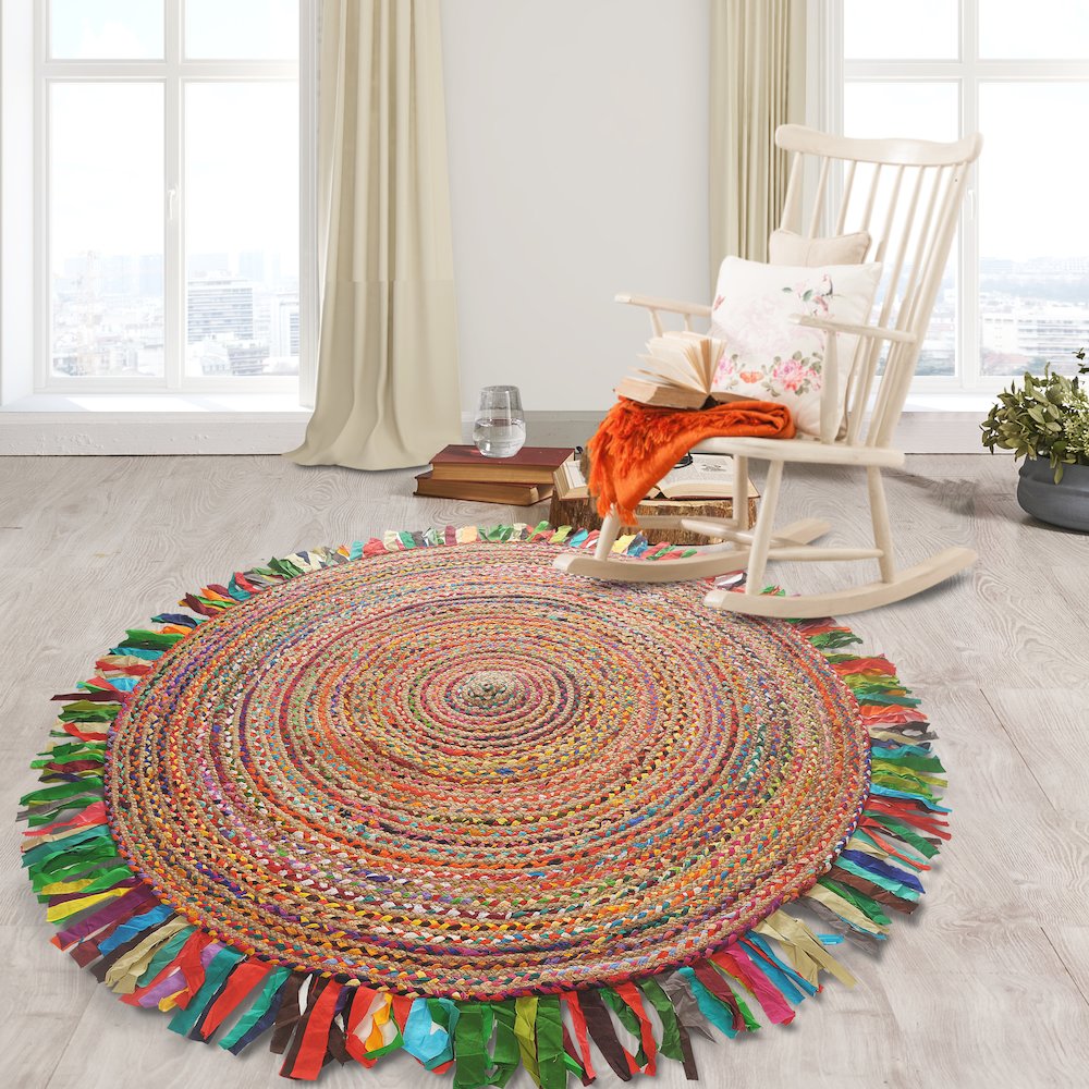Boutique Jute Cotton Blend Area Rug Indoor in Red/Multicolored, 5'6" Round. Picture 8