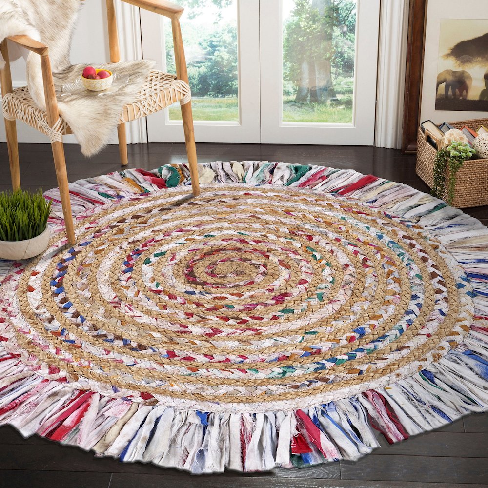 Boutique Jute Cotton Blend Area Rug Indoor in White/Multicolored, 5'6" Round. Picture 7